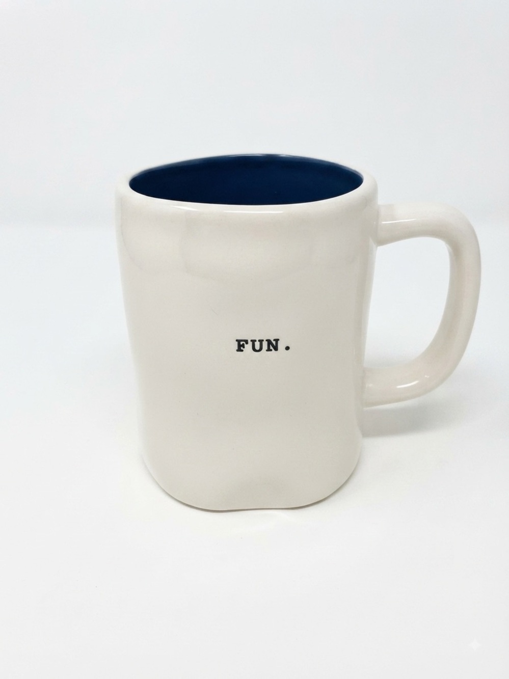 Rae Dunn White Ceramic 'FUN.' Mug with Blue Interior Coffee Tea Cup